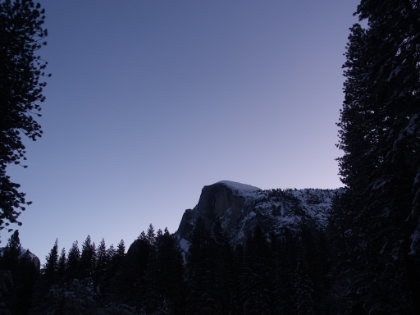 Half Dome against the dawn sky. We hadn't been able to get pictures of the iconic spots around the Valley loop the previous day because of low visibility in the storm. We had hoped that if we stayed the night in the Valley, we would be rewarded with clear skies in the morning. And were we ever!