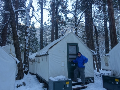 Getting ready to leave our luxurios tent cabin. Neither of us got much sleep at all, but it was well worth it for the perfect weather today. Normally we consider this tent city "glamping", but we didn't really have any other option this trip.