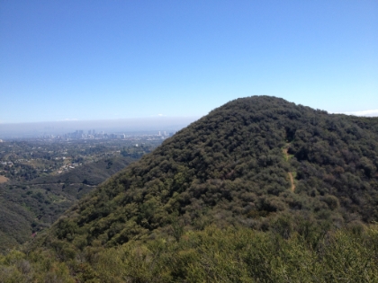 A good look at the steep hills along the ridge with Downtown LA in the distance.
