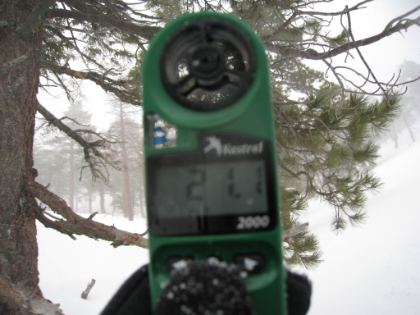 A look at my nifty Kestrel weather meter that measure temperature, wind speed, and the resulting wind chill. It is currently 21.1 degrees including wind chill, and it was even colder at the saddle.