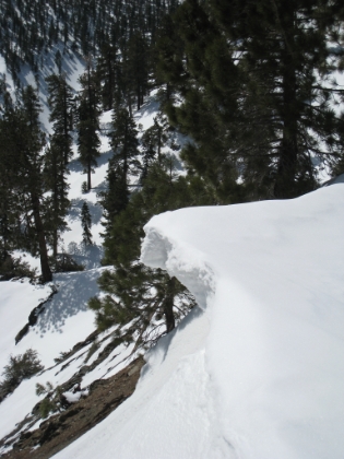 The Backbone Trail traverses across a very narrow ridge and there are large snow/ice overhangs. I am always a bit nervous about walking too close to these. It's a long ways down if they fall off!
