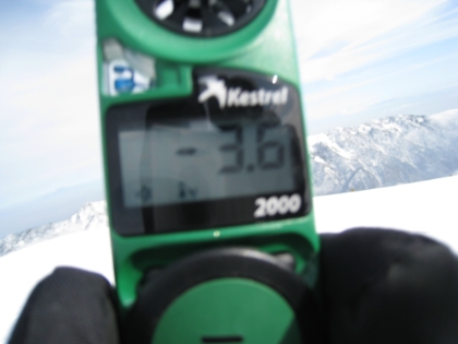 The picture says it all. Negative 3.6 degrees Fahrenheit with the wind chill. The temperature was fluctuating between about -2 and -8 degrees depending on the wind. I definitely put my Marmot wind shell to the test. Definitely wouldn't want to stay up here very long.