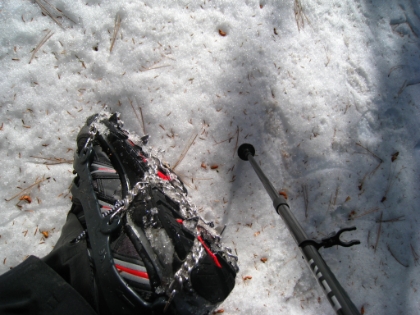 The snow is getting heavy, and the altitude is high enough now that there is a lot of ice. I've already been using my new Lekki carbon trekking poles, which are a live-saver. Now it's time to try out my Kahtoola MICROspikes, which are basically lightweight crampons that fit over your shoes. They prove to be helpful but keep slipping off.