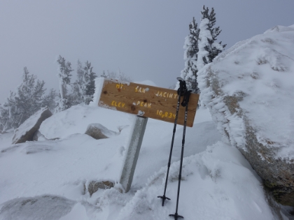 Made it! Summitted at just after 3:00pm. Notice the snow hanging horizontally off the left edge of the sign from the wind.